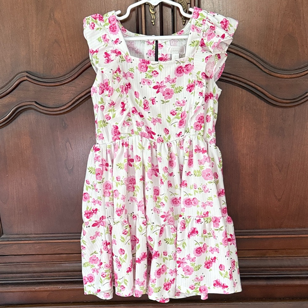 Nannette Girls Pink White Floral Dress Ruffle Sleeve Tiered Easter Spring Dress